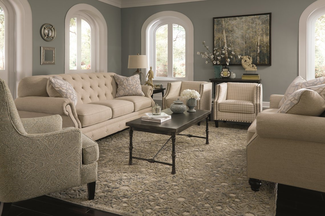 Charming Textured Twill Natural Hues Living Room Furniture Sets with Traditional Style Detail