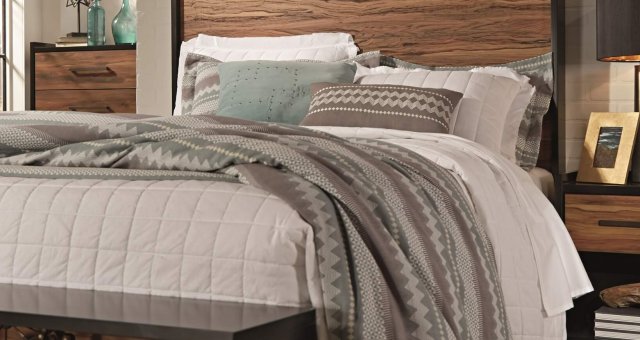 Contemporary black and brown queen bedroom set with dresser and night stand