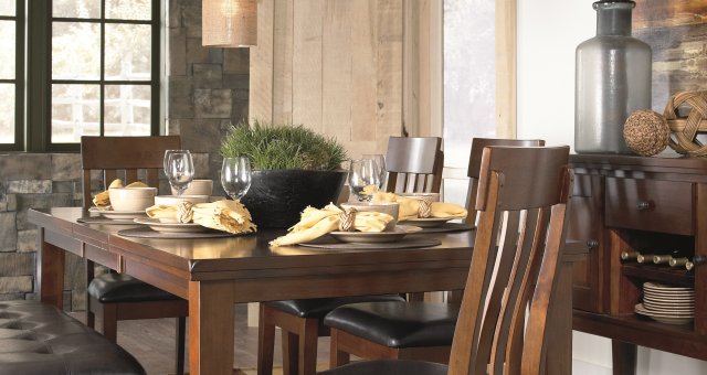Strumfeld warm brown dining table with upholstered seating and serving table
