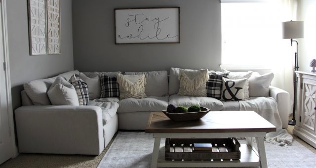 Straight on shot of couch and furniture.
