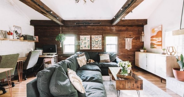Wide angle shot of living room.